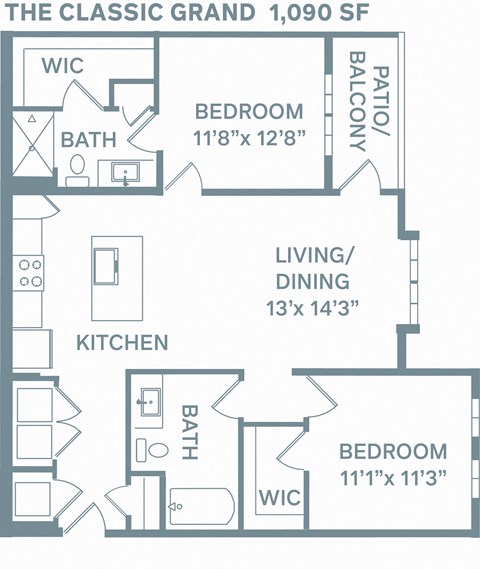 Floor plan for 2 beds, 2 baths, 1090 sqft